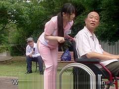 Subtitled bizarre Japanese half naked caregiver outdoors
